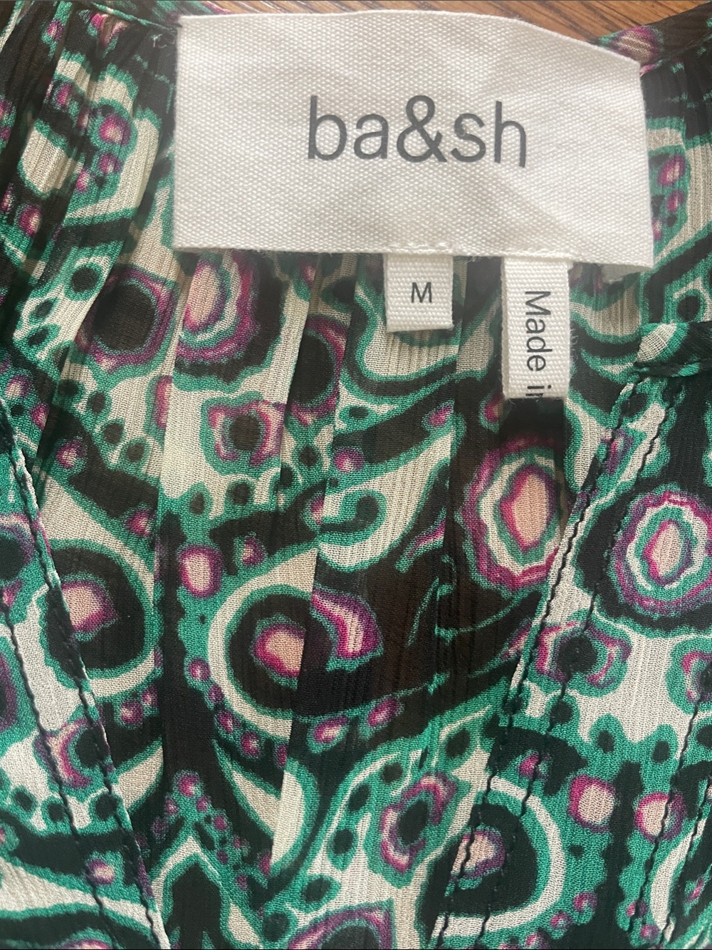 ba&sh FEL Viscose Georgette Green Paisley Long-Sleeve V-Neck Blouse Medium - Picture 9 of 9